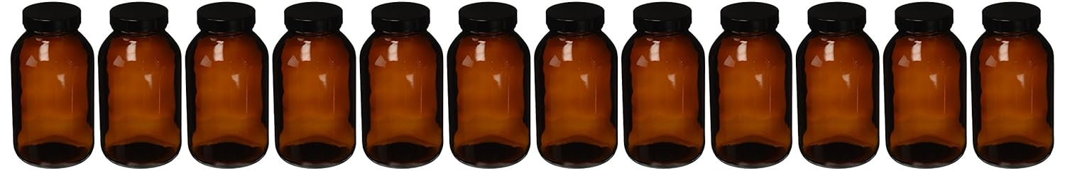 Qorpak GLC-02149 Wide Mouth Packer Bottle with 53-400 Black Phenolic Pulp/Vinyl Lined Cap Attached Vacuum and Ionized, 500 mL, Amber (Pack of 12)