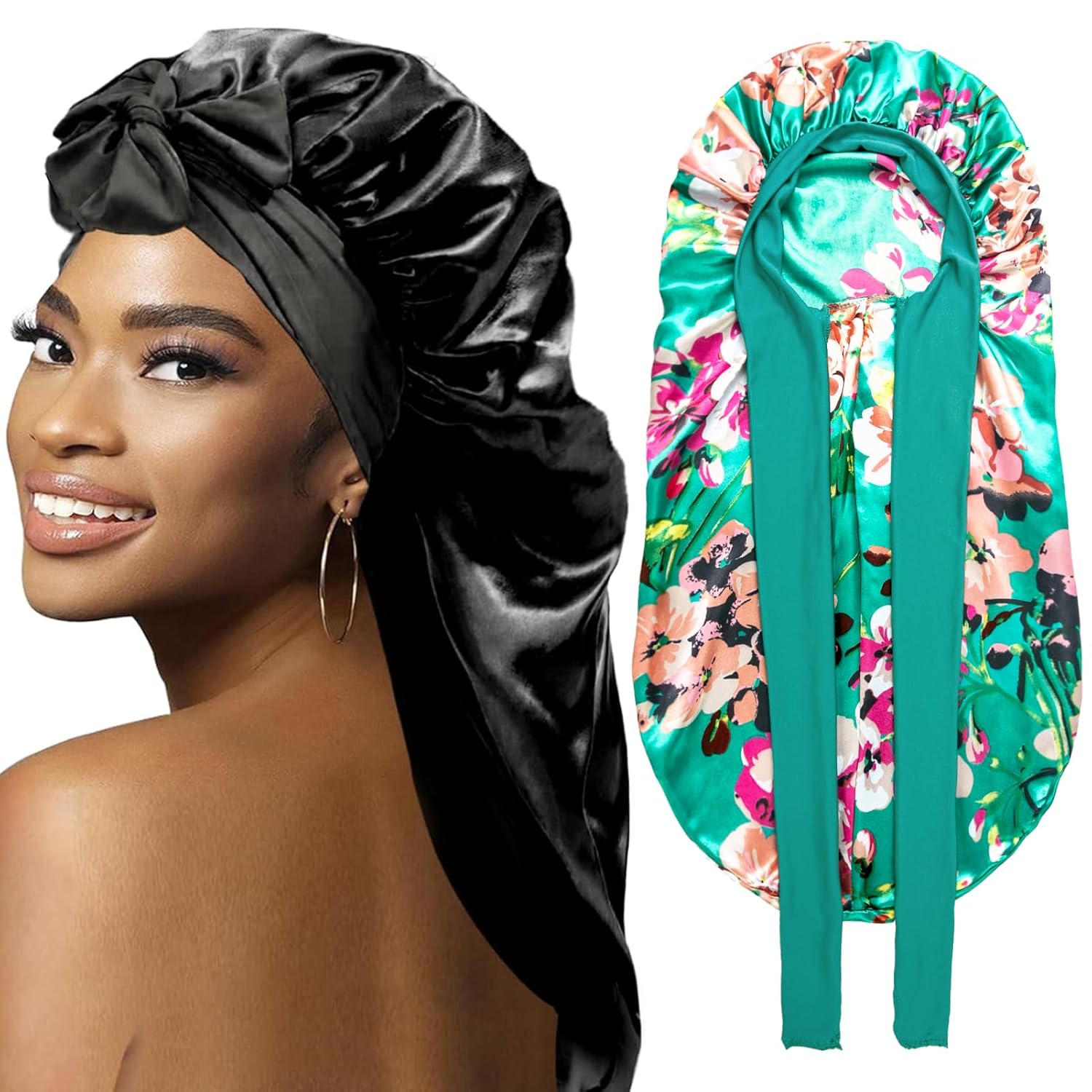 2Pcs Bonnets for Black Women Braid Bonnet, Large Long Satin Bonnet for Braids, Silk Bonnet with Stretchy Tie Band Sleep Cap Hair (2Pcs-Black&Printing Flower) (2pcs-black&printing Flower) Thumbnail