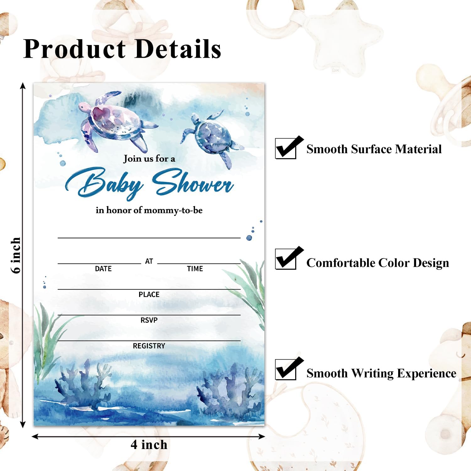 Set Of 25 Sea Turtle Ocean Themed Baby Shower Invitation Set, Baby Shower Invitations Gender Neutral, Invitation Cards With Envelopes Including Book Request Card & Diaper Raffle Tickets -001