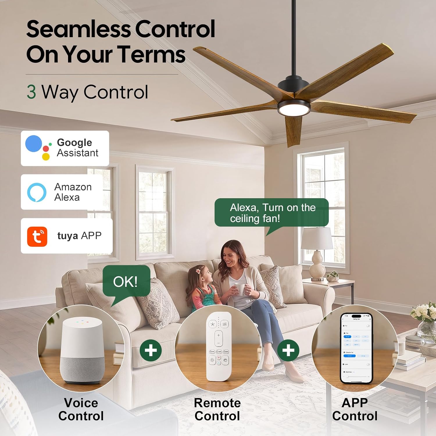 72 Inch Solid Wood Ceiling Fan with Light, Smart Alexa/App/Remote Control image 3