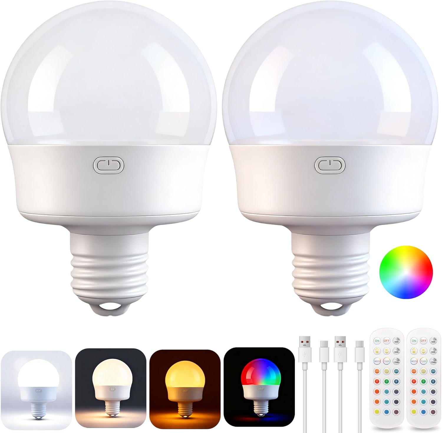 Rechargeable Battery Operated Light Bulbs, E26 Socket (Magnetic Detachable) Light Bulb for Lamps with Remote Control Dimmable＆Timer, Puck Emergency Lamp for Non-Hardwired Wall Sconce (Pack of 2)