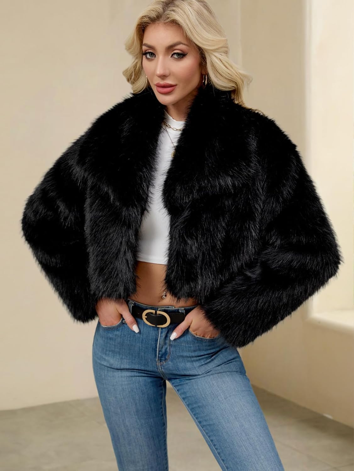 SCOFEEL Women’s Lapel Faux Fur Coat Fluffy Cropped Long Sleeve Open Front Winter Jacket Shaggy Outwear
