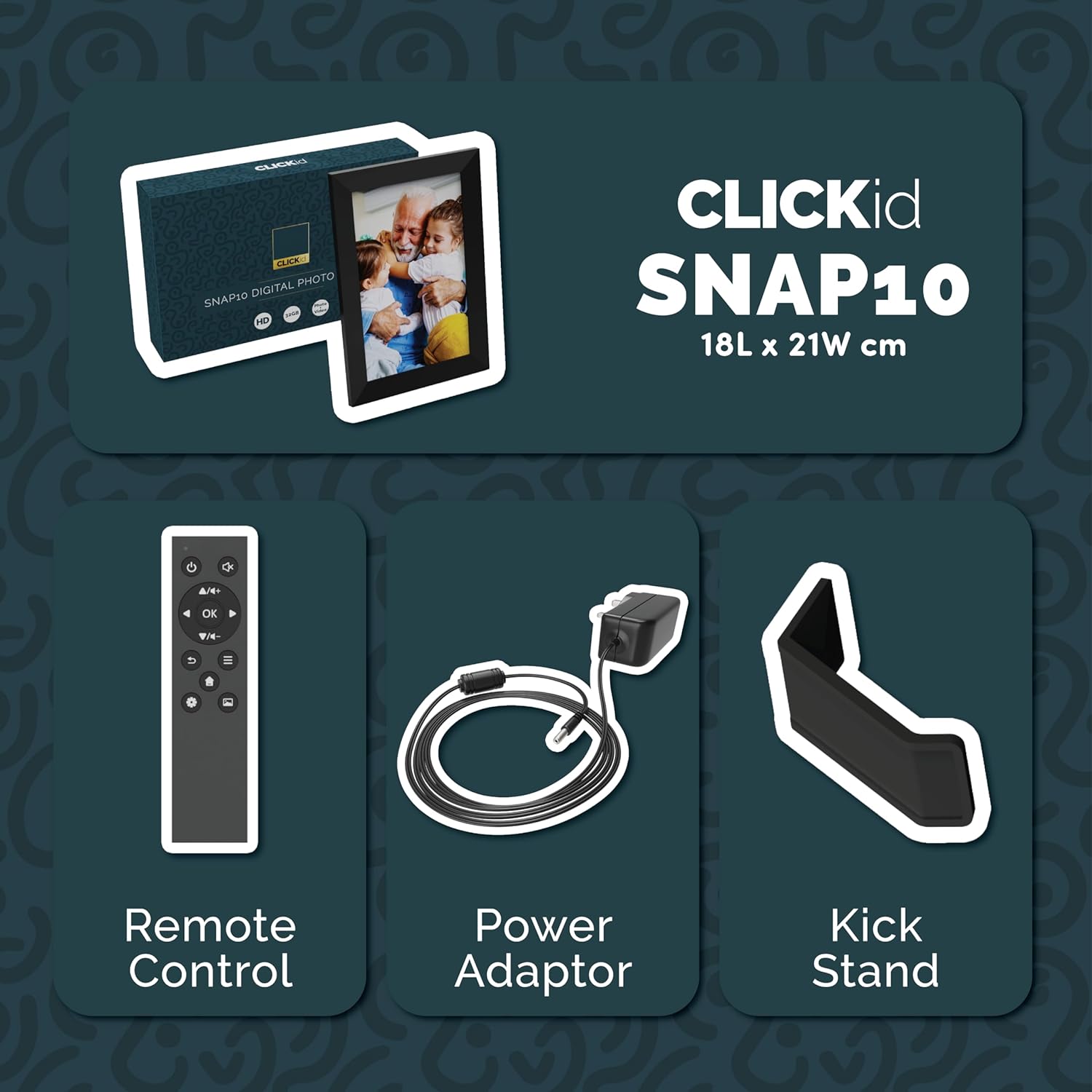 Contents of the Majority Frameo Snap10 package: remote control, power adapter, and kickstand