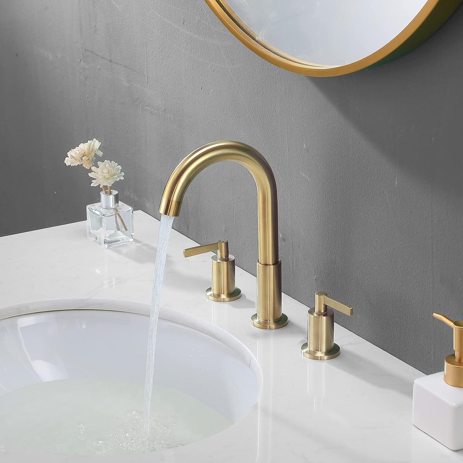 KINGO HOME Modern 3 Hole Widespread Brushed Gold Bathroom Faucet, Brushed Brass Gold Vanity Faucet with 2 Handles, Pop Up Drain Stopper