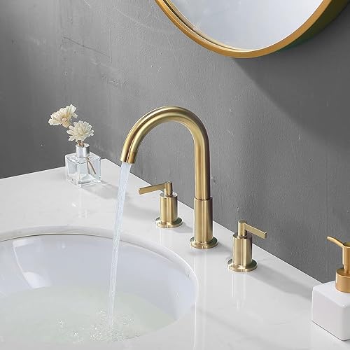 Miniatura 2 de KINGO HOME Moderno grifo de baño de oro cepillado de 3 agujeros, grifo de tocador dorado de latón cepillado con 2 asas, tapón de drenaje desplegable