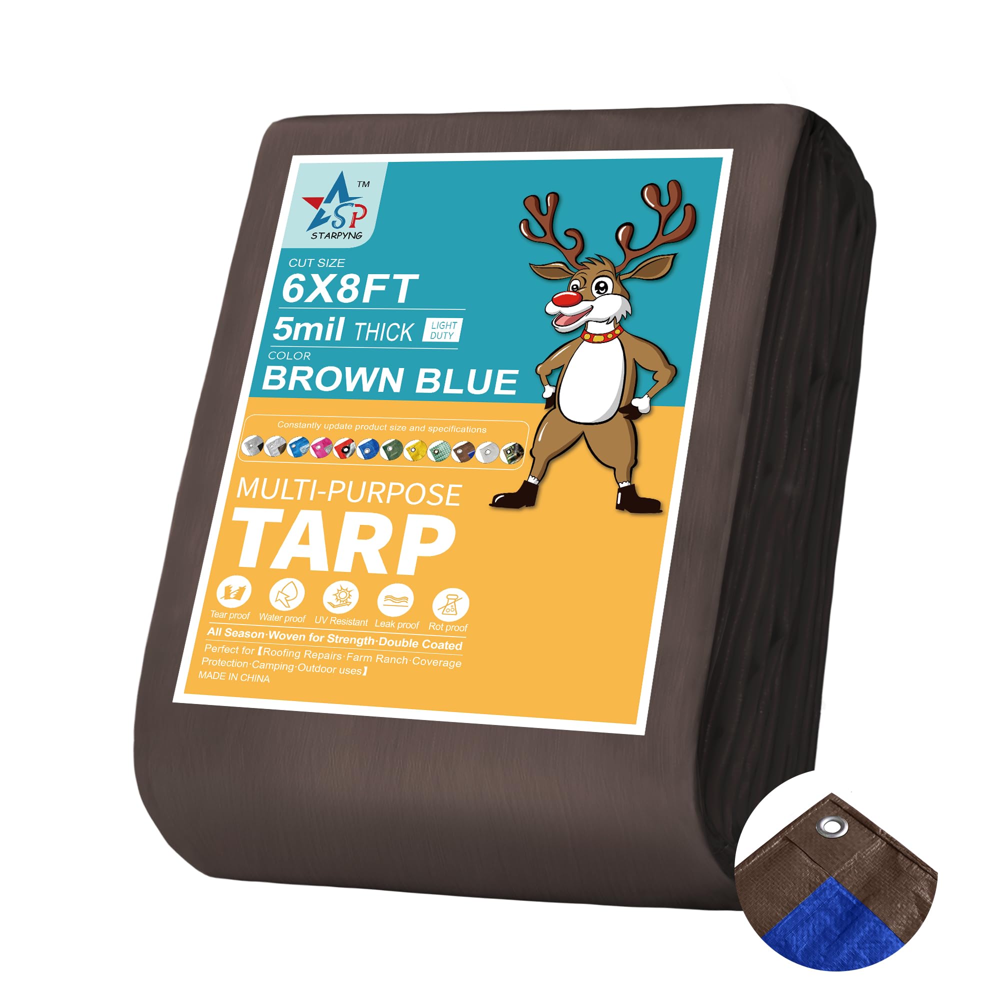 STARPYNG-5 Mil Brown/Blue 6x8 Feet Tarp-LightDuty Waterproof Tarpaulin-Waterproof, UV Resistant, Rip and Tear Resistant, Poly Tarpaulin with Reinforced Edges for Cover
