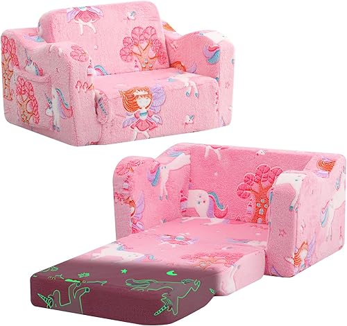 Miniatura 33 de MeMoreCool Sofá para niños que brilla en la oscuridad – Sillón convertible 2 en 1 y tumbona para siestas, estampado de perros, liviano, lavable