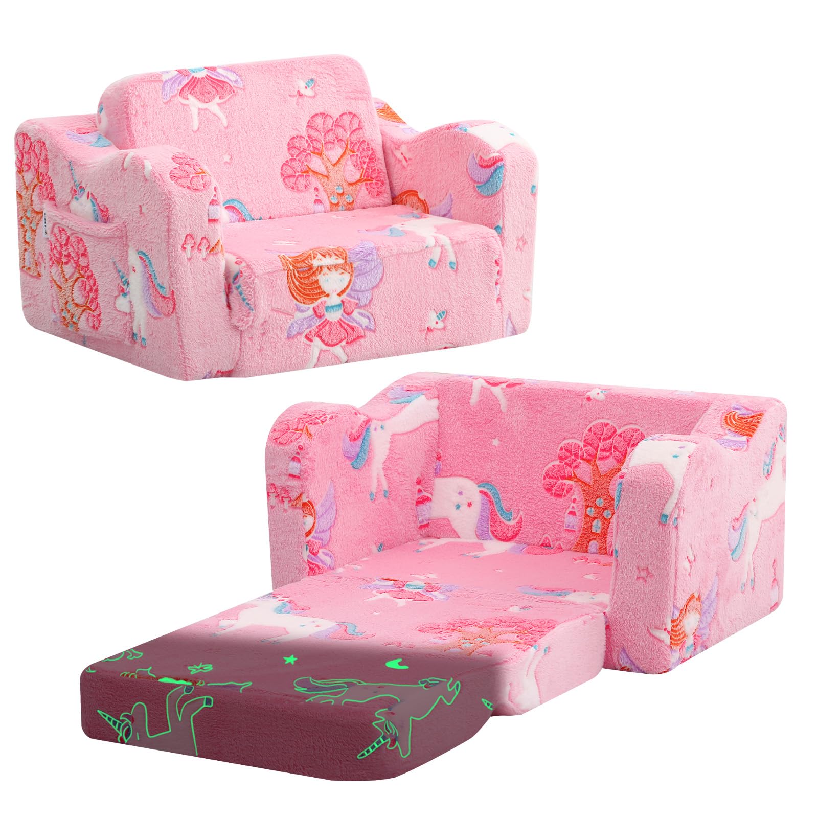 MeMoreCool Kids Fold Out Sofa Bed, Plush Toddler Chair Recliner with Glow in the Dark Design, Soft Folding Couch for Boys and Girls, Comfy Children’s Bedroom Playroom Furniture, Pink Fairy