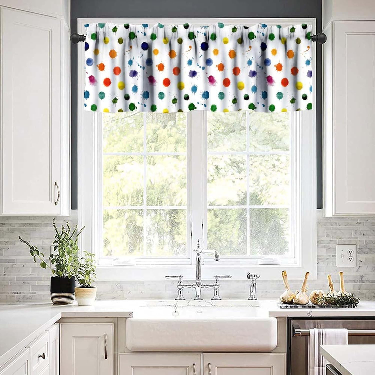 Painting Valances Curtains Circle Splashes Forming Colorful Polka Dots Window Treatment Valances Short Curtains Rod Pocket Drape for Kids Bedroom Nursery Classroom Decor, 54x18inch