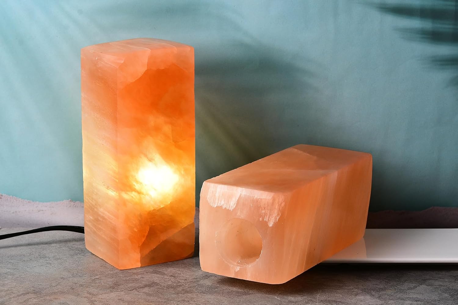 AMOYSTONE 8" Orange Selenite Lamp Square Crystal Healing Lamp Bedroom Home Decor, Un-Engraved 4-5 lbs with Led Bulb Switch Cable