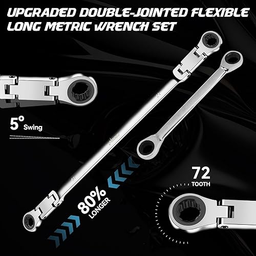 Miniatura 23 de DISEN Juego de llaves de trinquete de cabeza flexible extra larga de 0.551-0.591 in, llave de trinquete de largo alcance con extremo de caja doble