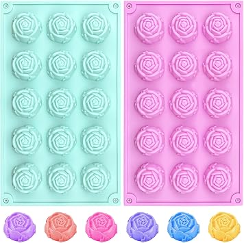 2 Pcs Rose Silicone Fondant Molds 15 Cavity Flower Cake Resin Mold Candy Chocolate Ice Cube Fondant Molds Kitchen Baking Tools for Sugarcraft Cake Decorating