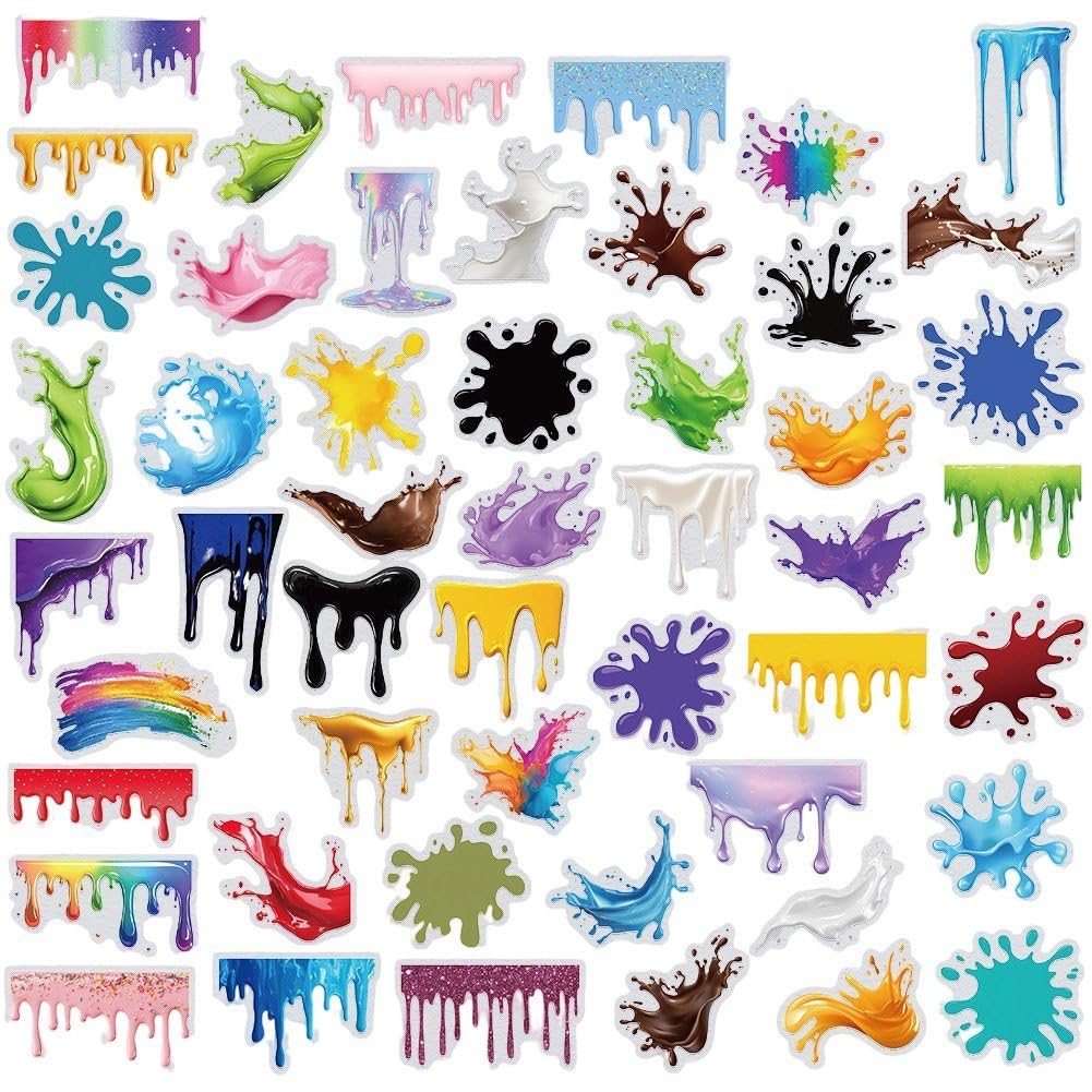 Baokuan 50pcs Colorful Paint Splatter Stickers Pack, Waterproof Pet Graffiti Decals for Water Bottle Laptop Phone Suitcase Scrapbook Journal, Artistic Stickers for Diy Decor Party Gift