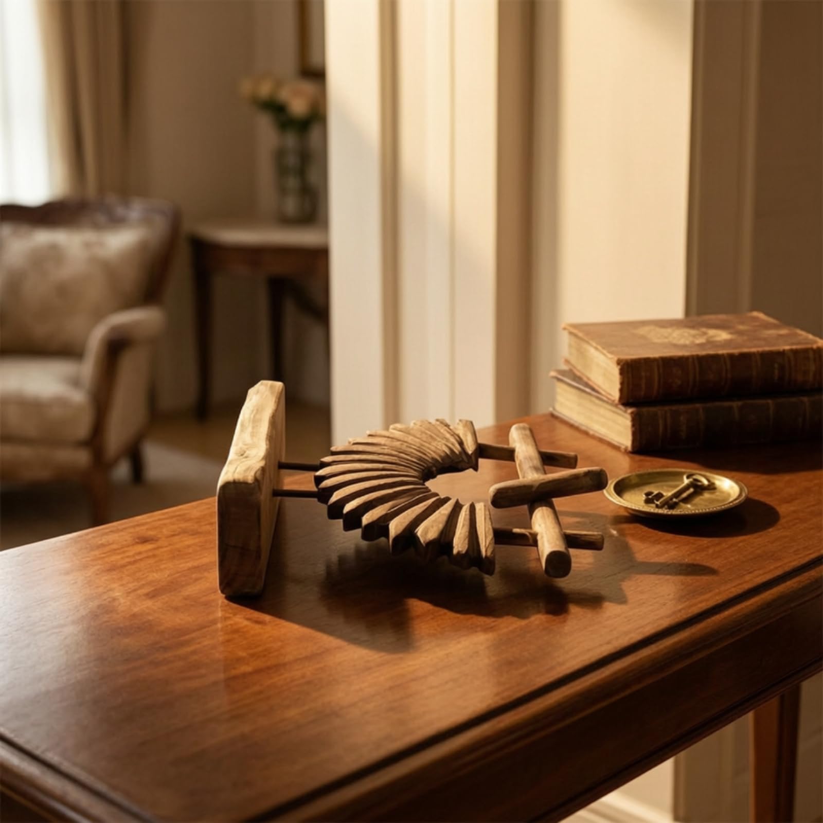 Baoblaze Scultura da Tavolo in Legno Massello Decorazione da Credenza Soprammobile Rustico Ornamento da Ripiano con Due Supporti Verticali E Cerchio Centrale Adatta per
