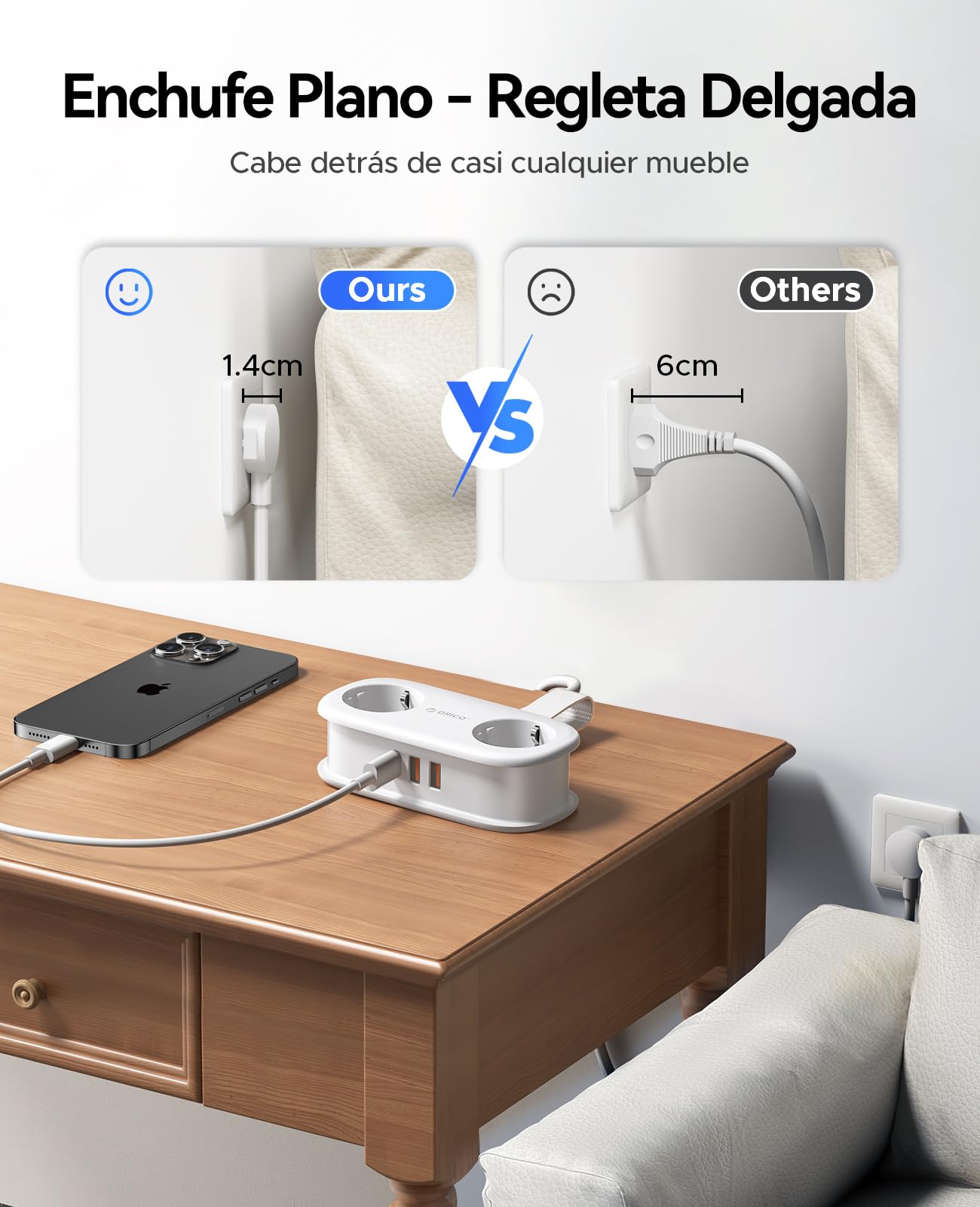 ORICO Combo 2 en 1: Regleta de Viaje Blanco + PowerBrick Lila | 4 Enchufes AC + 7 Puertos USB (3 USB-C) | Carga Rápida GAN 25W y PD 20W | Cables de 1.5m y 1.6m para Viajes, Hogar, Oficina
