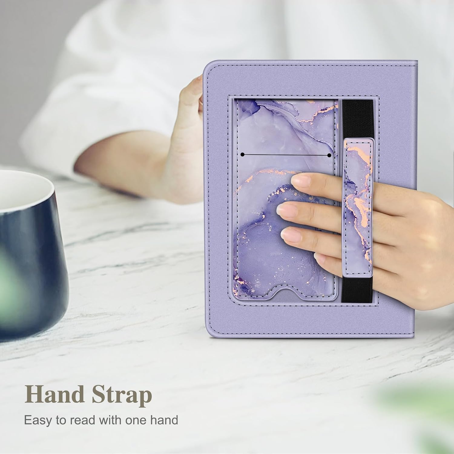 Fintie Case for 7"/6.8" Kindle Paperwhite 12th/11th Gen & Kindle Colorsoft | Foldable Kickstand, Card Slot, Hand Strap, Auto Sleep/Wake, PU Leather Stand Cover, for Paperwhite 2024/2021, Lilac Marble
