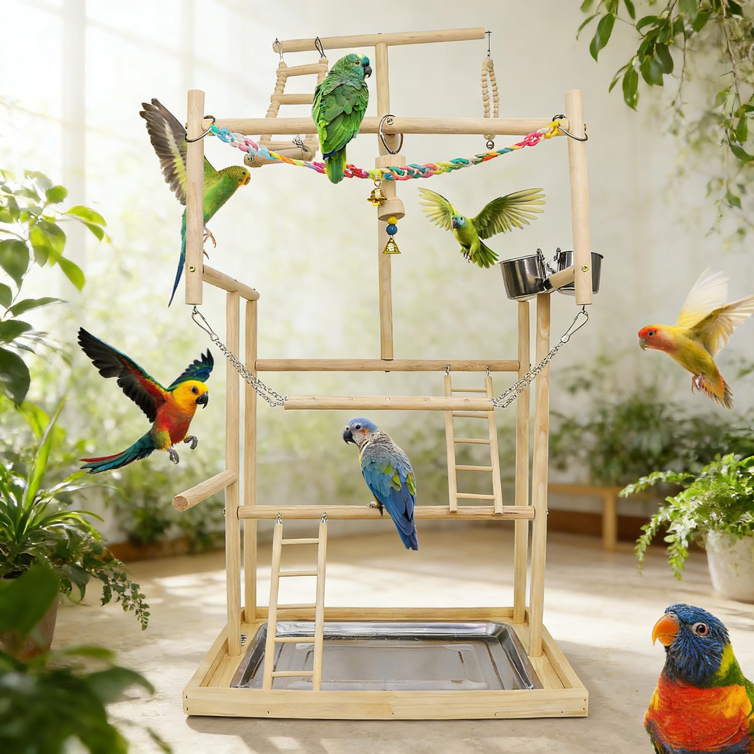 Parque Infantil de Cacatúas,con Comederos de Acero Inoxidable, Cadena de Plástico de Colores para Mascotas, para Loros y Otros Pájaros