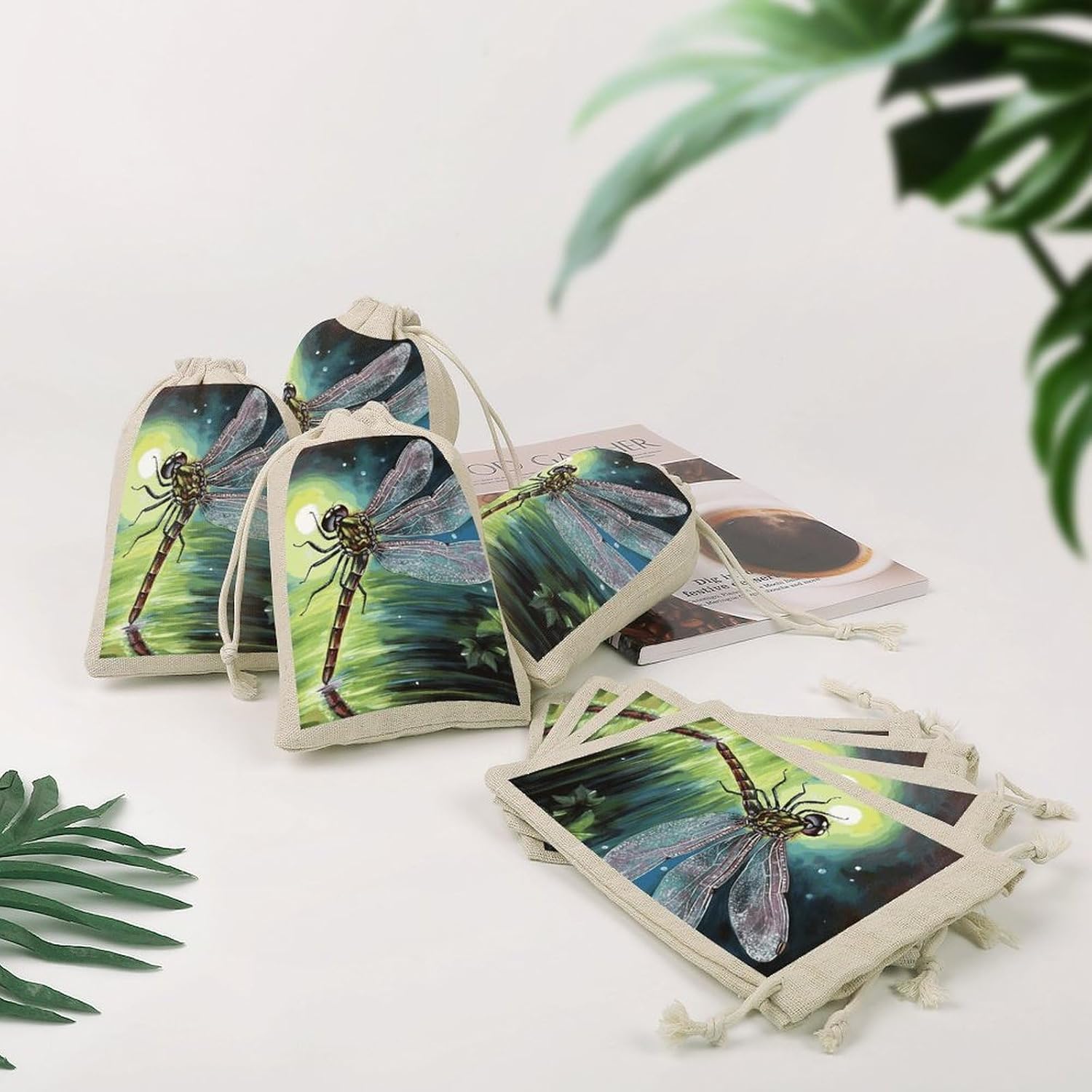 FekiLoot Dragonfly Painting Cotton Linen Drawstring Bags Pack of 8 image 4