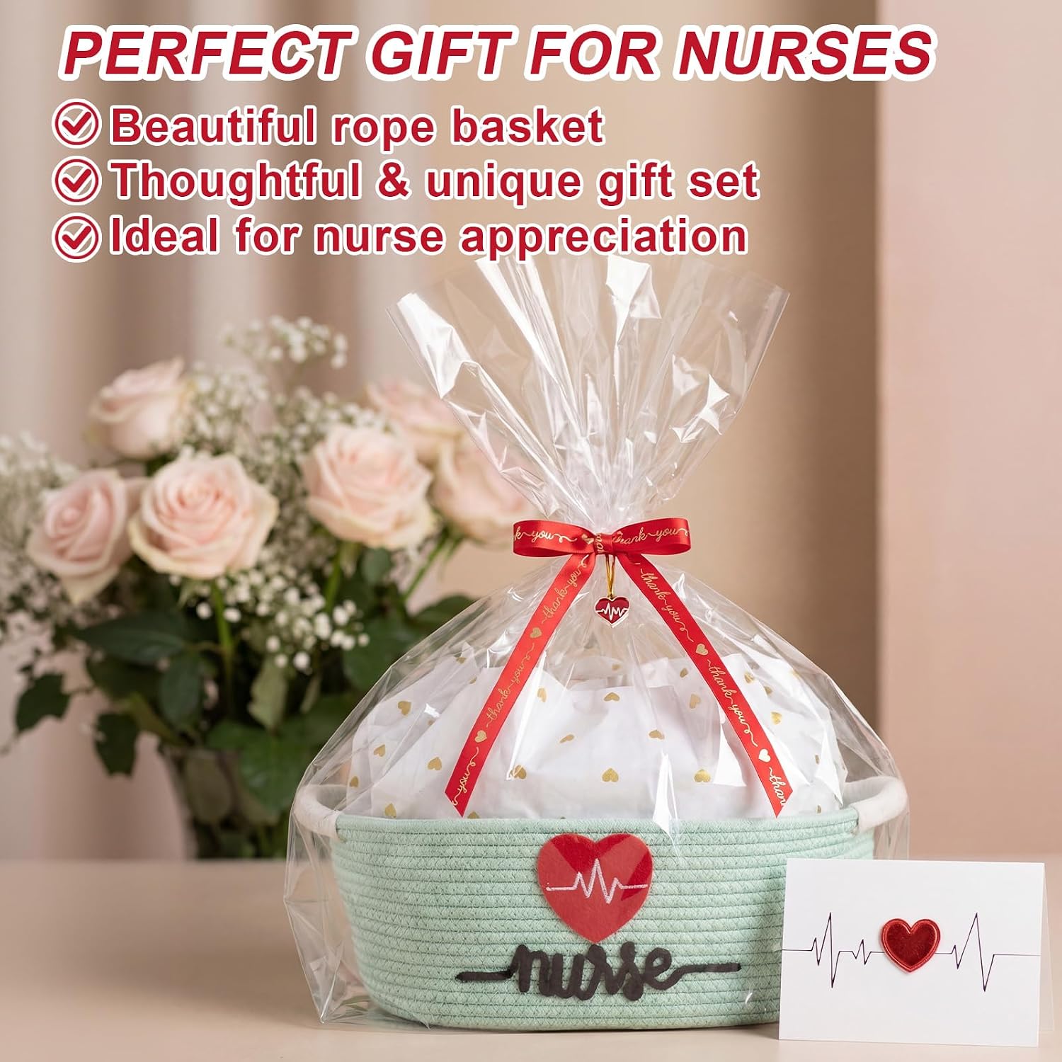 Colingmill Nurses Week Gift Basket Empty to Fill, Woven Rope Basket 15" x 11" x 6" Decorative Storage Baskets with Gift Bag, Bow, Tissue Paper(Mint Green)