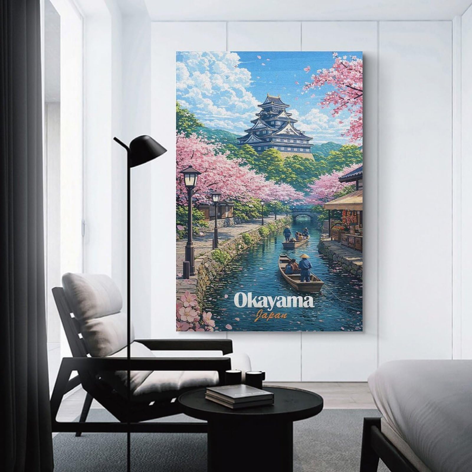 Junmoney Japanese Castle And Cherry Blossoms Hanging Wall Art, 16x24inch(40x60cm), for Gallery Wall Decor And Room Displays, Home Wall Art for Statement Displays