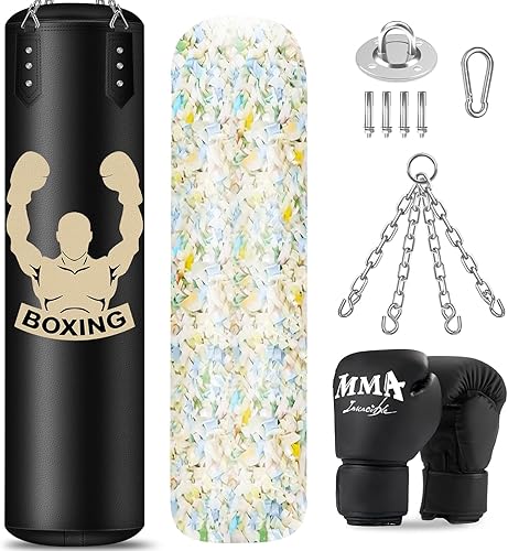 Filled Punching Bag for Adults, 4FT PU Leather Hanging Bag with 11lb Sponge Filler, Come with 12OZ Gloves, Kicking Bag Heavy Bag Boxing Equipment