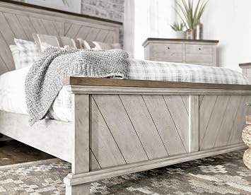 King Size Bed Frame with Chevron Pattern Headboard, Whitewashed Gray Wood, Farmhouse Style, 88 x 85 x 61 Inches, Honey-Smoke Stained Rails