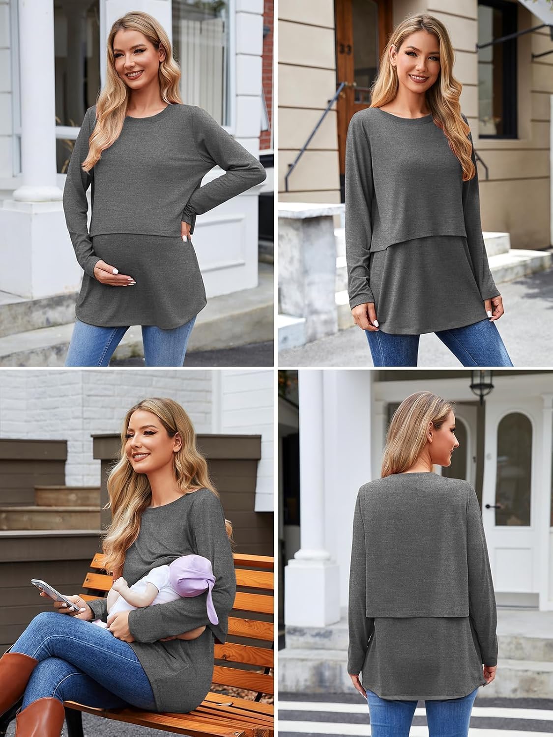 Ecavus Women's 3Pack Maternity Nursing Shirts Long Sleeve Double Layer Breastfeeding Shirts Comfy Pregnancy Clothes