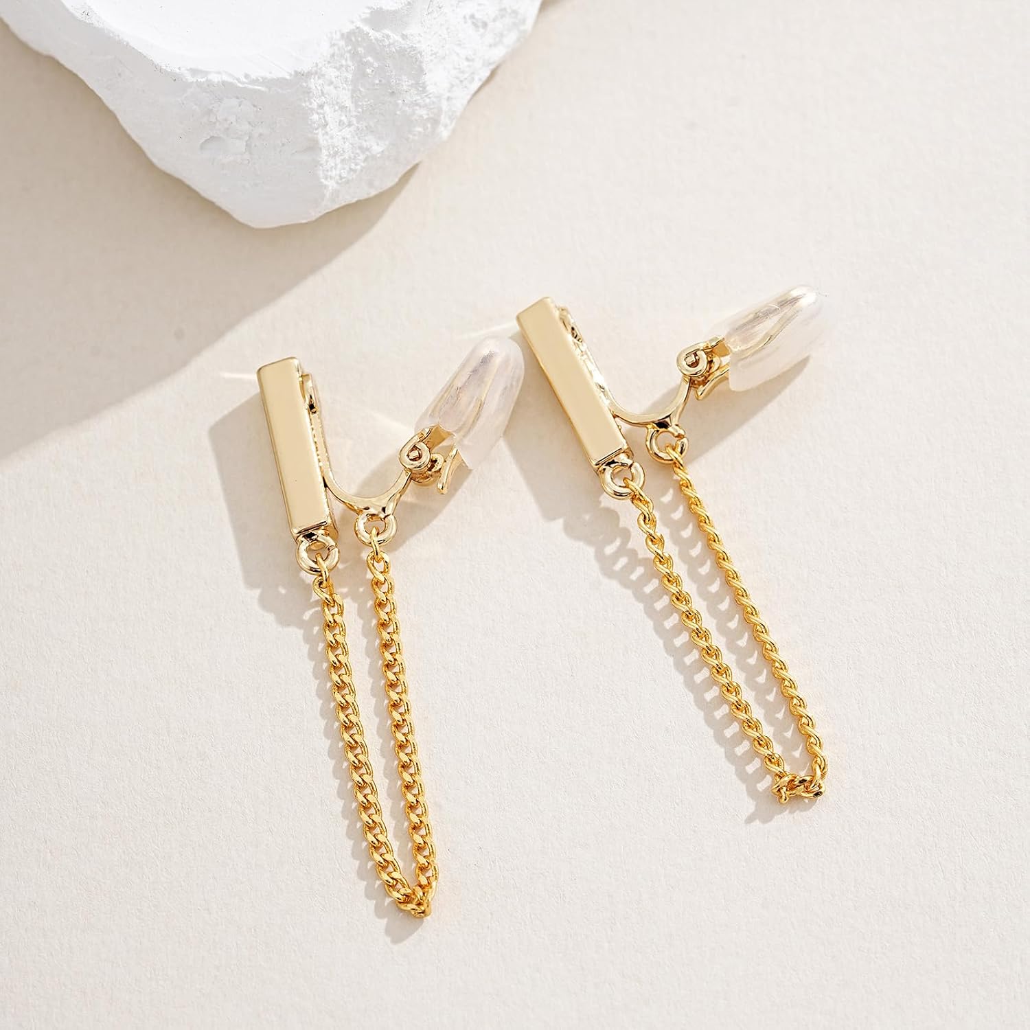 Gold Clip on Earrings for Women Dainty Bar Chain Drop Dangle Clip ons Minimalist Geometric Stud Ear Clips 14K Gold Plated No Piercing Jewelry Gifts