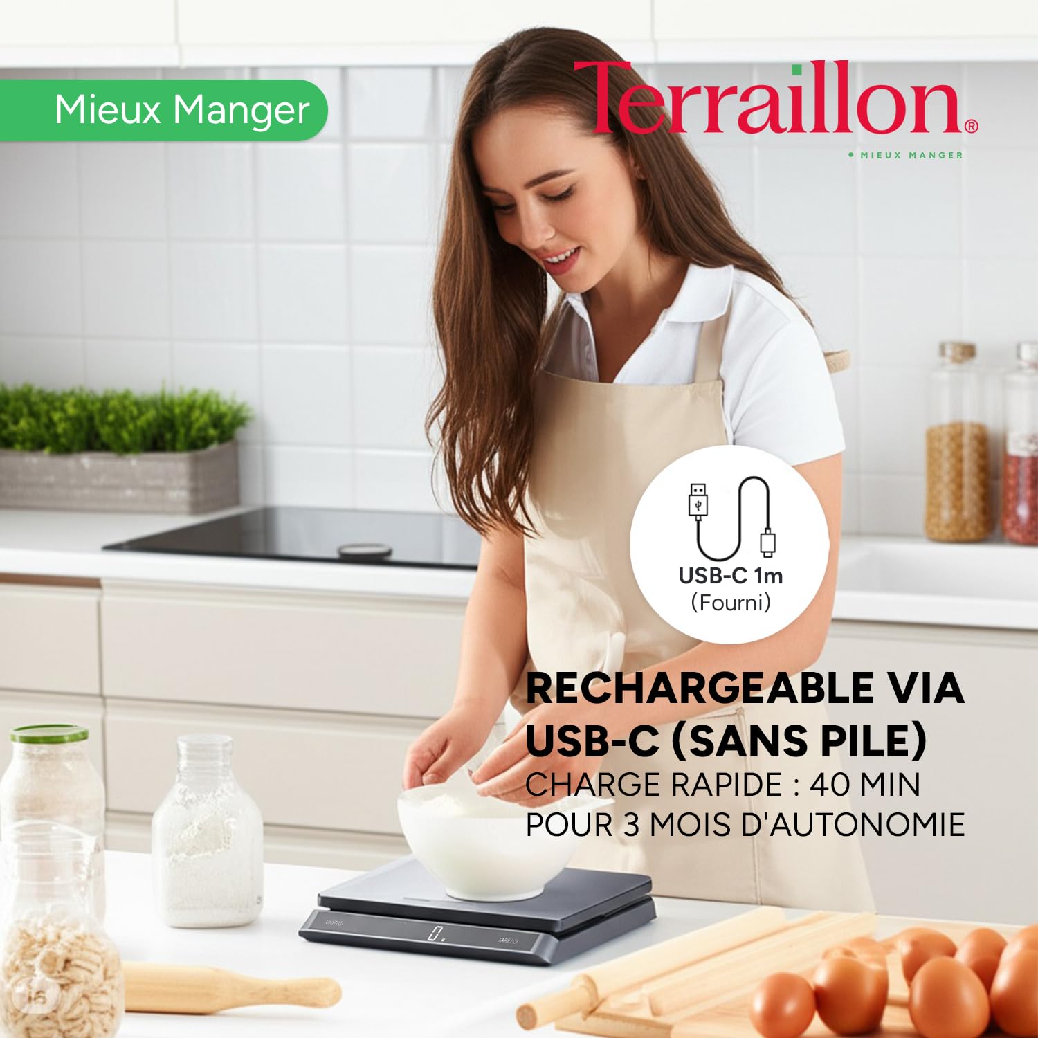 TERRAILLON - PRO USB15 - Balance de cuisine électronique professionnelle, Large plateau Inox 23 x 16 cm, capacité 15 kg, graduation 1 g, Rechargeable USB C, Ecran LED Rétroéclairé - Inox