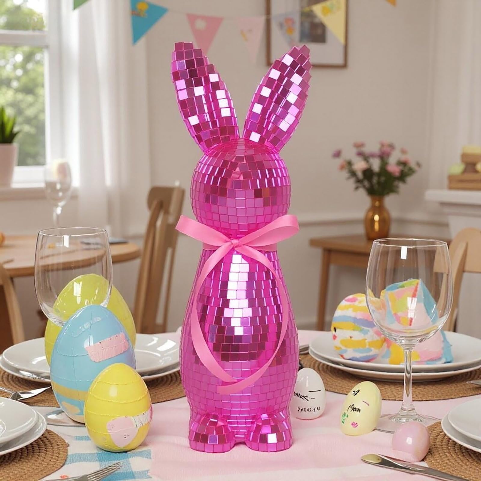 5 decorazioni a forma di coniglietto pasquale, a forma di palla da discoteca, lucide, riflettenti, scintillanti, a forma di coniglietto pasquale, decorazioni per feste di primavera, coniglietti