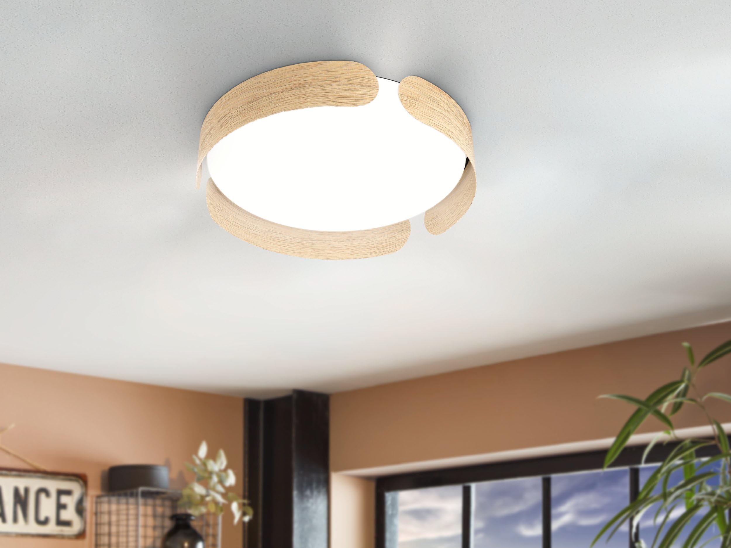 Eglo Luminaire plafonnier LED Valcasotto, lustre minimaliste en métal | aspect bois et plastique blanche, lampe de plafond pour salon et chambre à coucher, blanc chaud