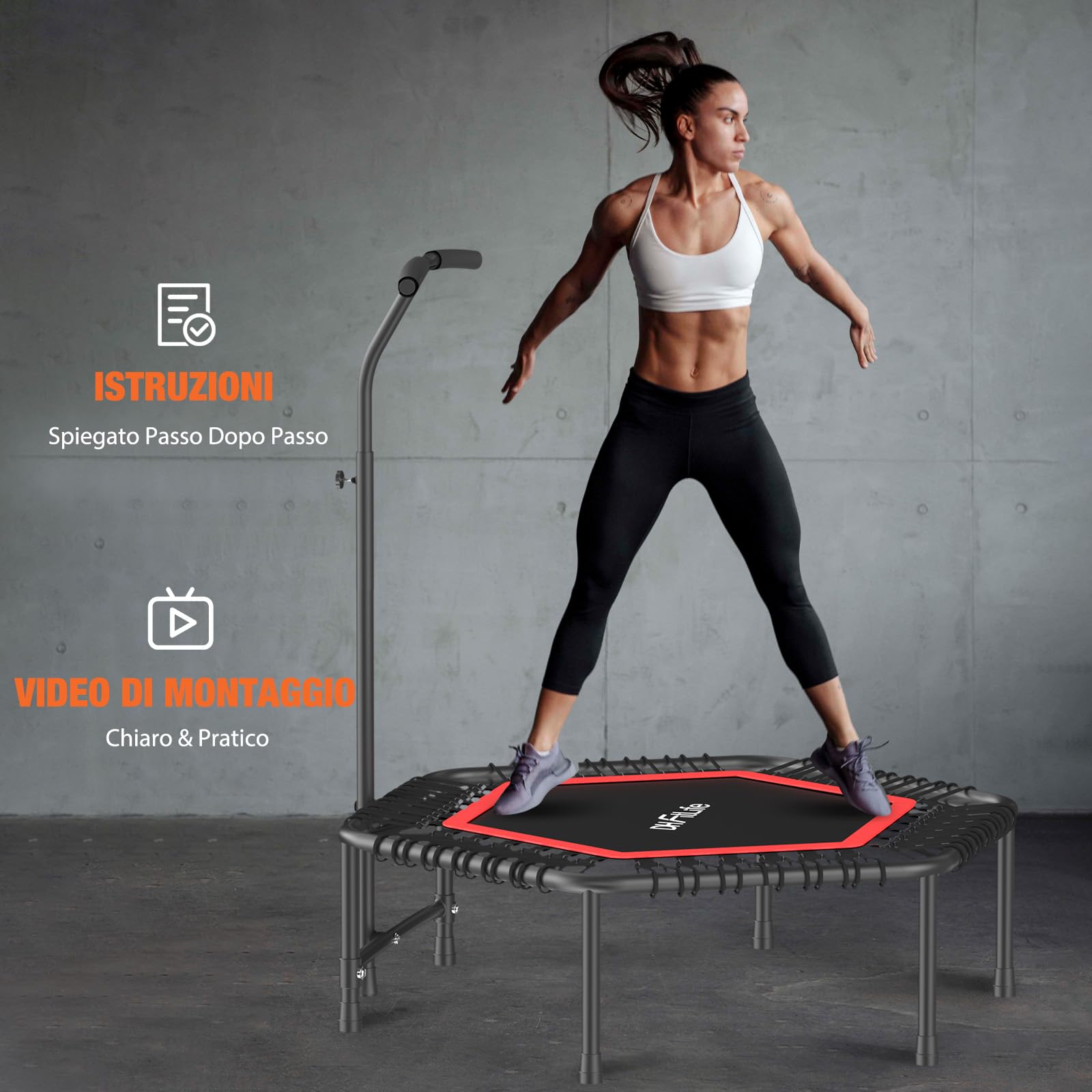 DH FitLife Fitness Trampolino Indoor | Ø 114 cm 45 Pollici Mini Trampolino per Cross Jumping | Portata 150 KG | Manico Regolabile a 3 Livelli | Stabile e Resistente