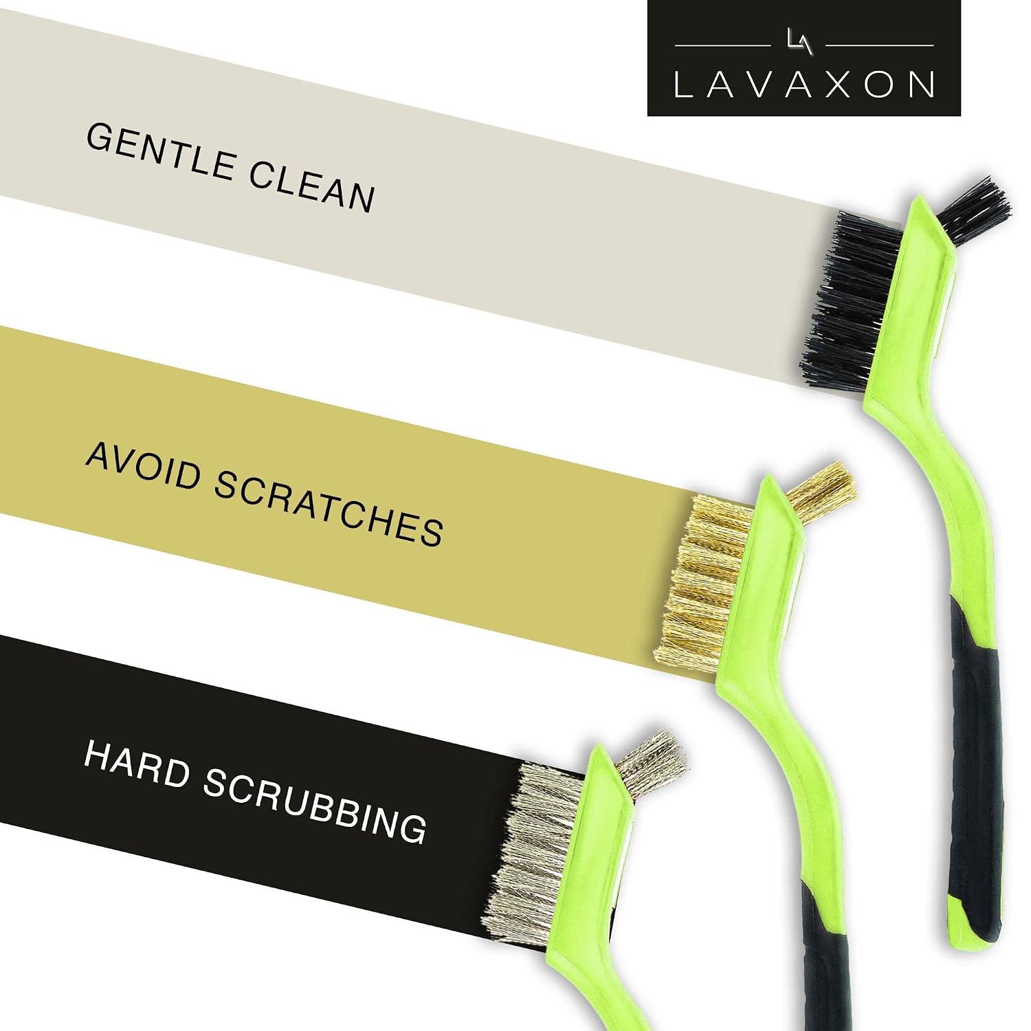 Lavaxon Wire Brush Set 3Pcs - Nylon/Brass/Stainless Steel Bristles with Curved Handle Grip for Rust, Dirt & Paint Scrubbing with Deep Cleaning – 7 Inches (Green) image 3