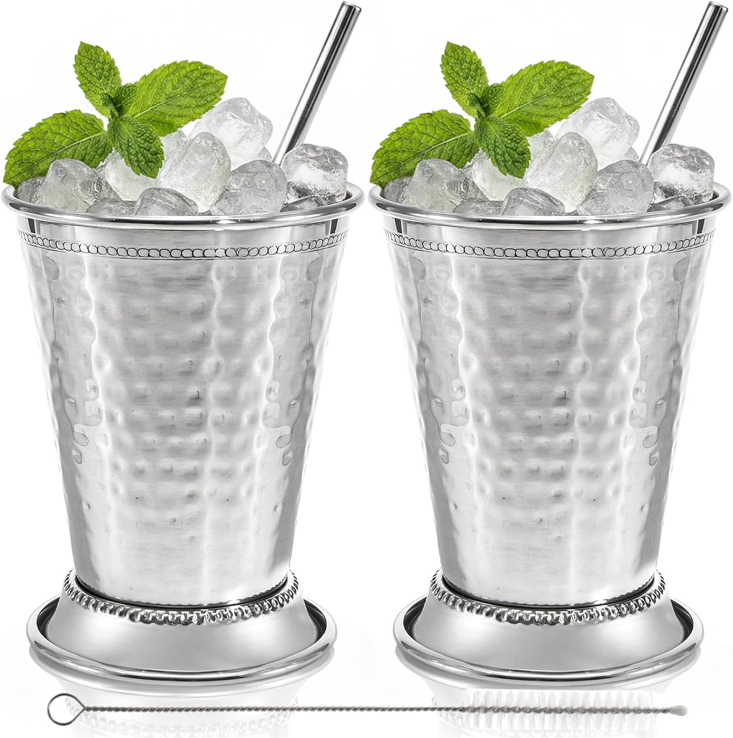Peohud Set of 2 Mint Julep Cups, 12 Oz Hammered Stainless Steel Drinking Glasses with Straws, Silver Metal Cocktail Glasses for Party Bar Home Restaurant Beer Juice Beverage