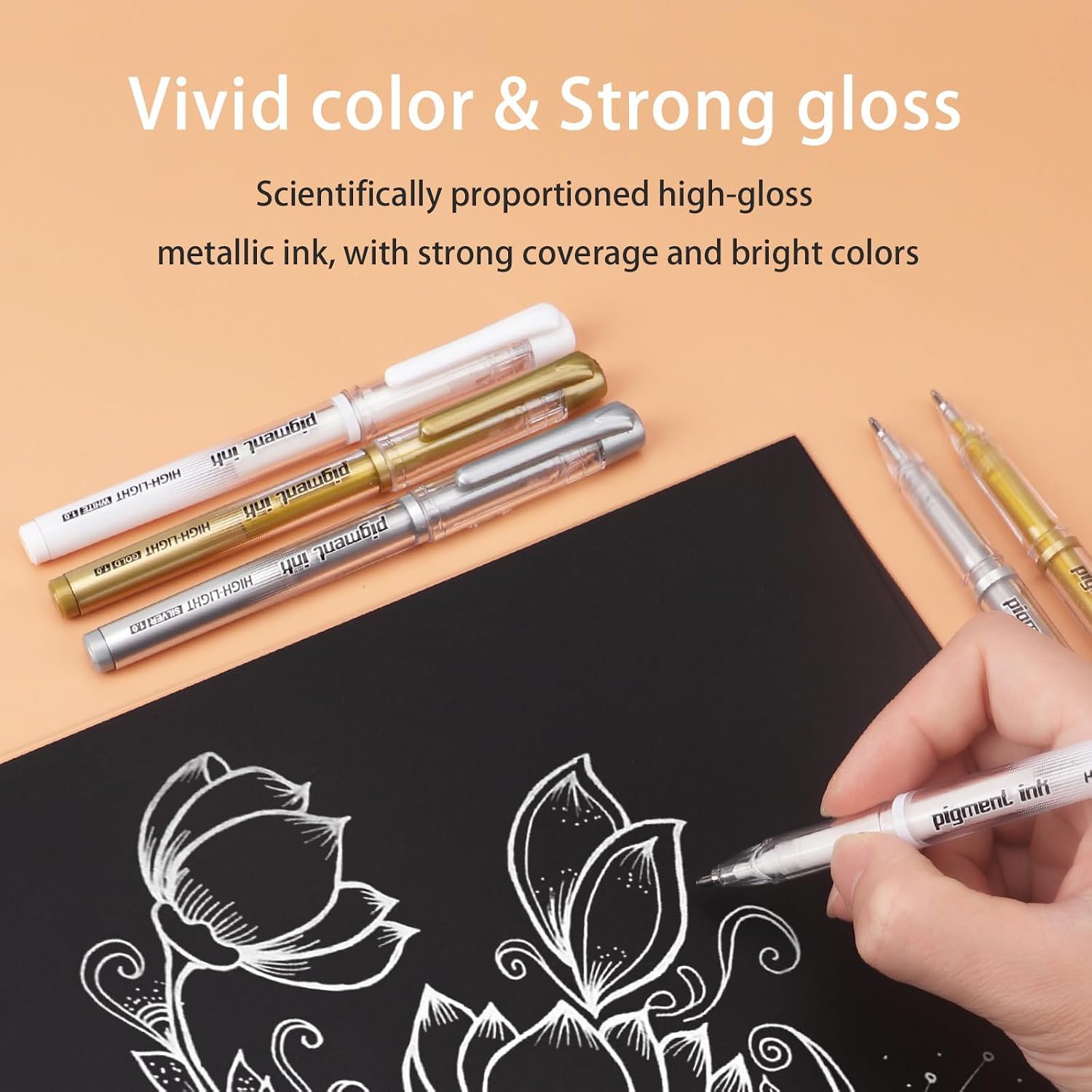 Gold Silver White Ink Gel Pens, 1mm Medium Fine Point, Opaque archival Ink Pen for Dark Paper Drawing,Sketching, Illustration, Card Making, Bullet Journaling (Assorted Color - 6 Packs)