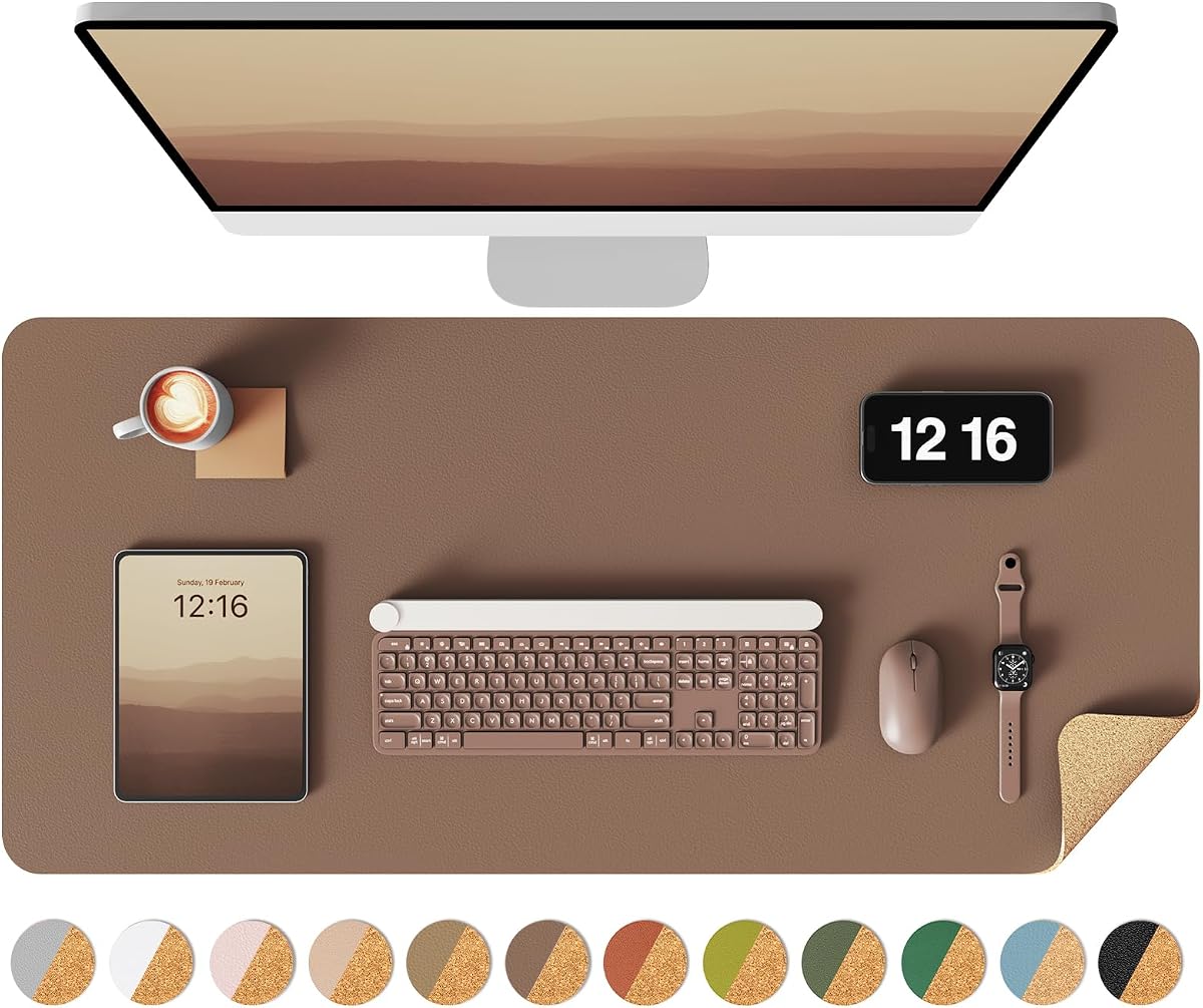 YSAGi Double-Sided Desk Pad, 31.5"x15.7"Leather Desk Mat, Eco Cork Desk Pad Protector,Large Mouse Pad,Waterproof Desk Blotter for Office/Home(Coffee)