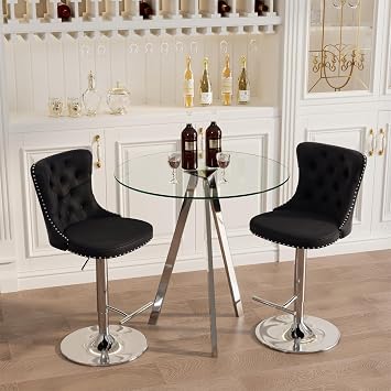 yeag 31.5 Modern Round Glass Bar Table Set for 2, Luxury Silver Bistro Pub Table & 2 Adjustable Metal Bar Stools Velvet Swivel Counter Height Stools Silver Metal Legs, Clear Top + Black Chair