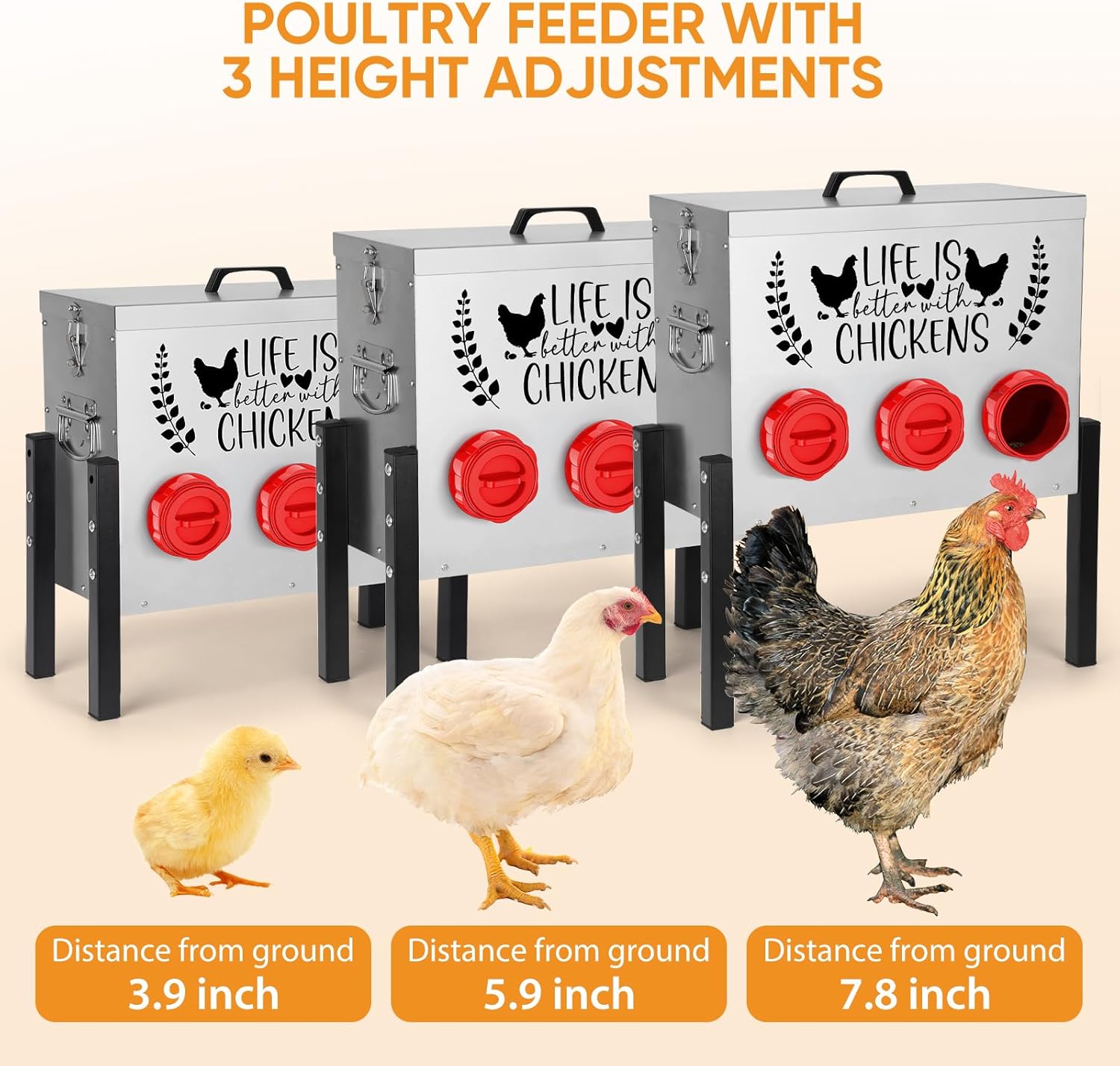 TGEYD 30 lb Chicken Feeder with 6 No-Waste Ports – Heavy-Duty Outdoor Metal Feeder with Adjustable Height, Locking Lid & Riveted Handles – Rustproof Feed Box for Poultry & Backyard Chickens
