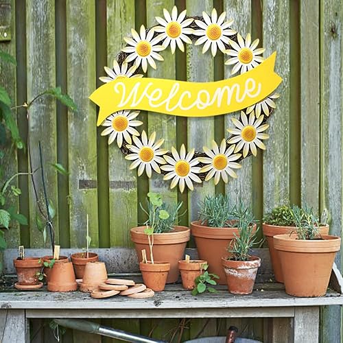 PUPAN Corona de flores de metal de 15.5 pulgadas, letrero de bienvenida con margaritas para puerta delantera, porche, decoración rústica para colgar