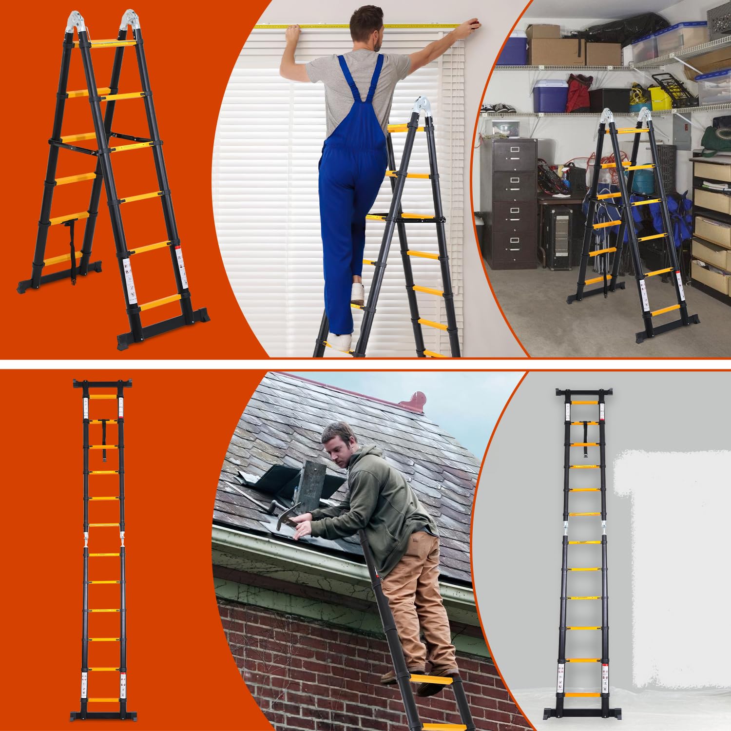 Herrselsam 3.8m(1.9m+1.9m) Teleskopleiter Klappleiter Aluminium, Mehrzweckleiter mit Tragegriff, Rutschfester Tragbar Alu Leiter Maximale Tragfähigkeit 150kg, Schwarz Gelb