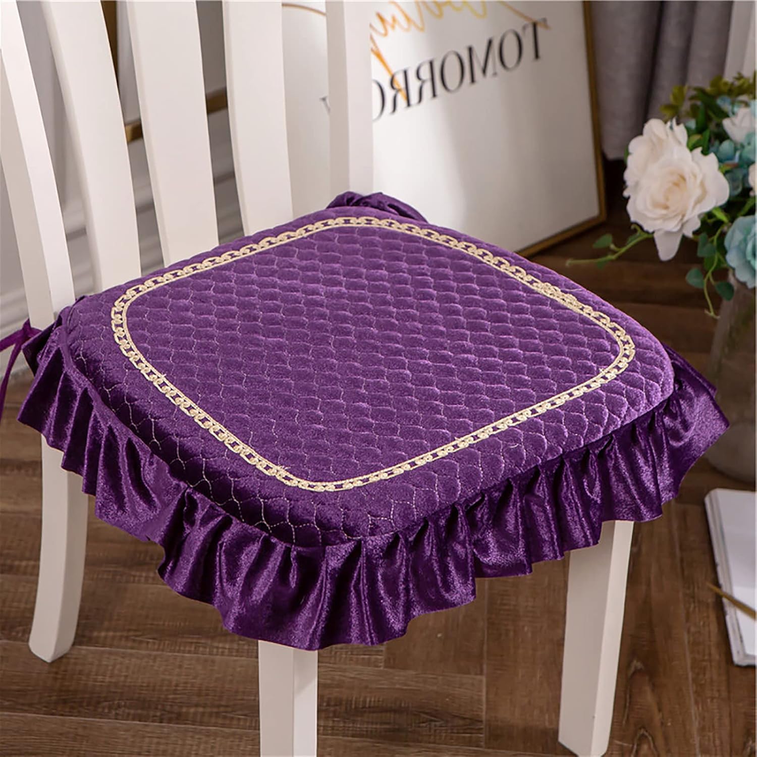 Dining Chair Cushion,Luxury Square Stool Cushion Cover for Home Decor Kitchen,Lace Ruffle Chair Pad Warm Velvet Seat Cushion with Ties-Purple 42x45cm(17x18inch)