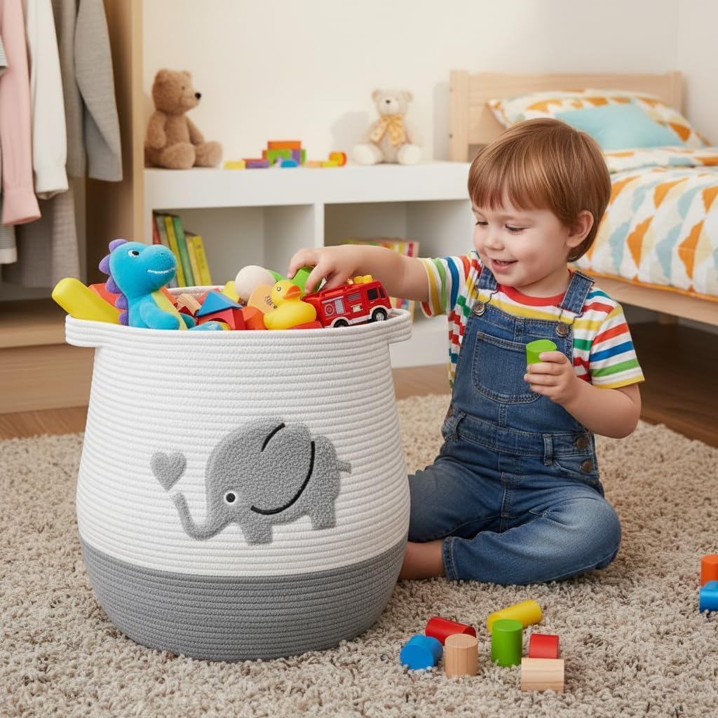 Large Baby Laundry Hamper, Gray Elephant Laundry Basket for Baby, Toy and Blanket Storage Basket for Nursery and Playroom, Cotton Rope Hamper for Kids, 17.7"x15.7" image 2