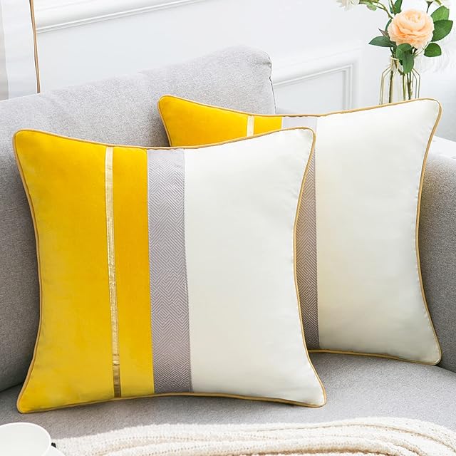 Velvet Cushion Covers 45cm x 45cm Yellow White Patchwork Throw Pillow Covers with Gold Leather Striped Luxury Modern Square Pillowcases for Sofa Couch Bed Decorative Pillow Cases Pack of 2