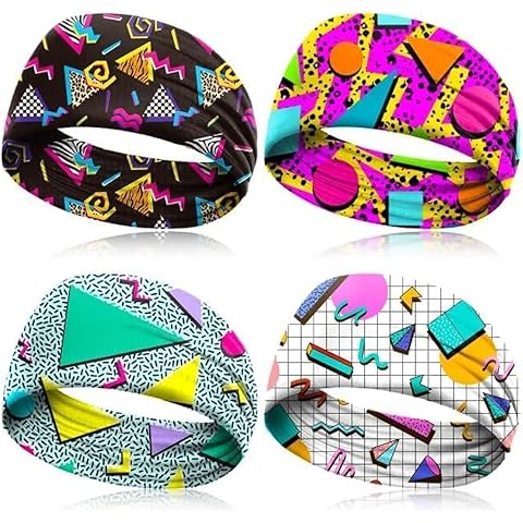 4 Pack 80s 90s Neon Headbands Outfit Accessories for Women Men Retro Vintage Fashion Sweatbands 90s Athletic Elastic Hairband for Hip Hop Party Style Hiking Cycling Running