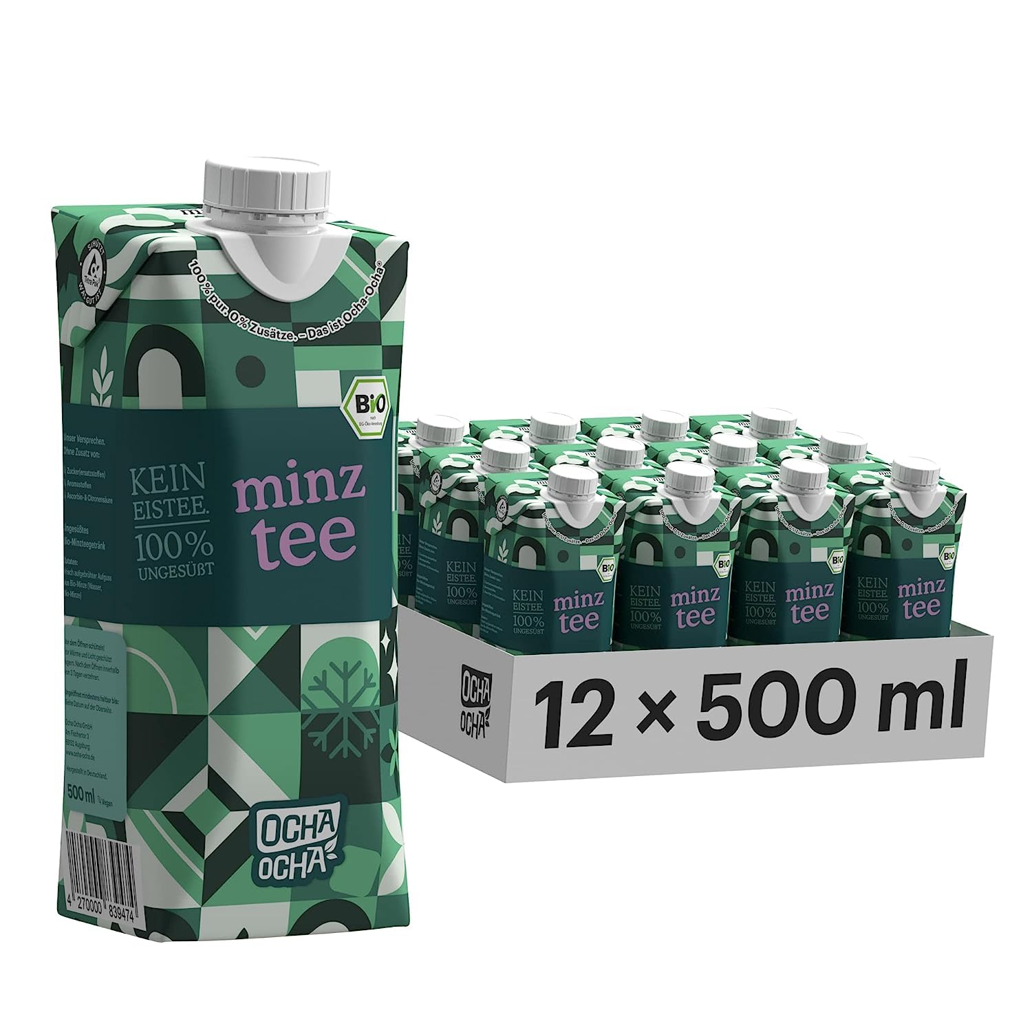 Ocha-Ocha® Tee Getränk - Bio-Minztee trinkfertig & zuckerfrei - 24x500ml - 100% Pfefferminze ohne Zusatzstoffe - ohne Süßstoffe - ungesüßt - kalorienfrei - vegan