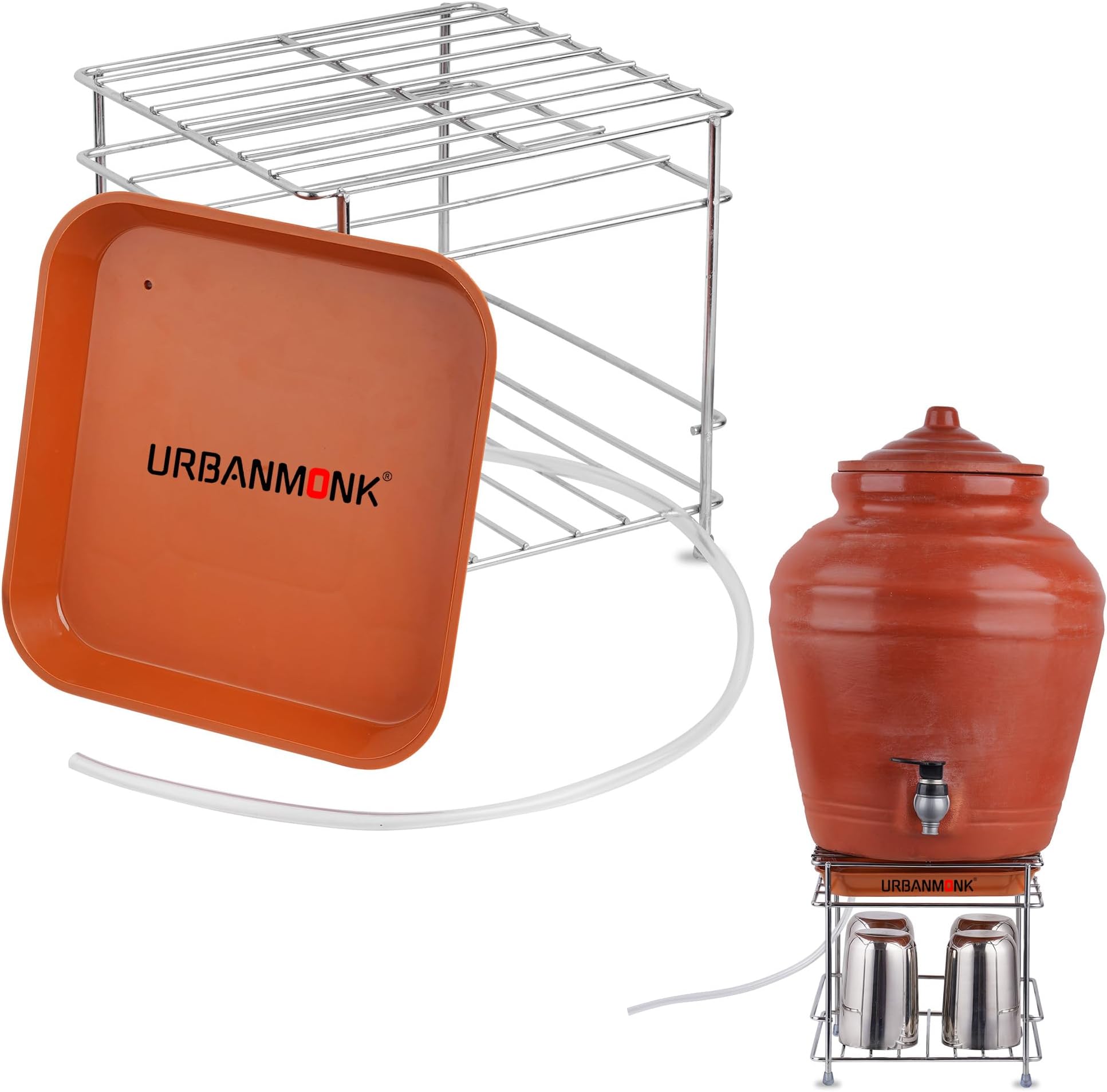 URBANMONK Flate Surface Matka Stand for Water Pot with Pipe Fitted Drain Water Try | Steel Matka Stand for Kitchen | Water Pot Stand for Kitchen | 8 X 8 X 7.5 Inch, (Pot & Glass NOT include)