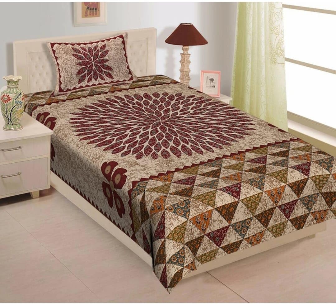 Pure Cotton Single Bedsheet with 1 Pillow Cover | Soft Comfortable Single Bed Sheet | Premium Jaipuri Sanganeri Cotton Bedsheet for Single Bed | 60x90 Inch-image-7