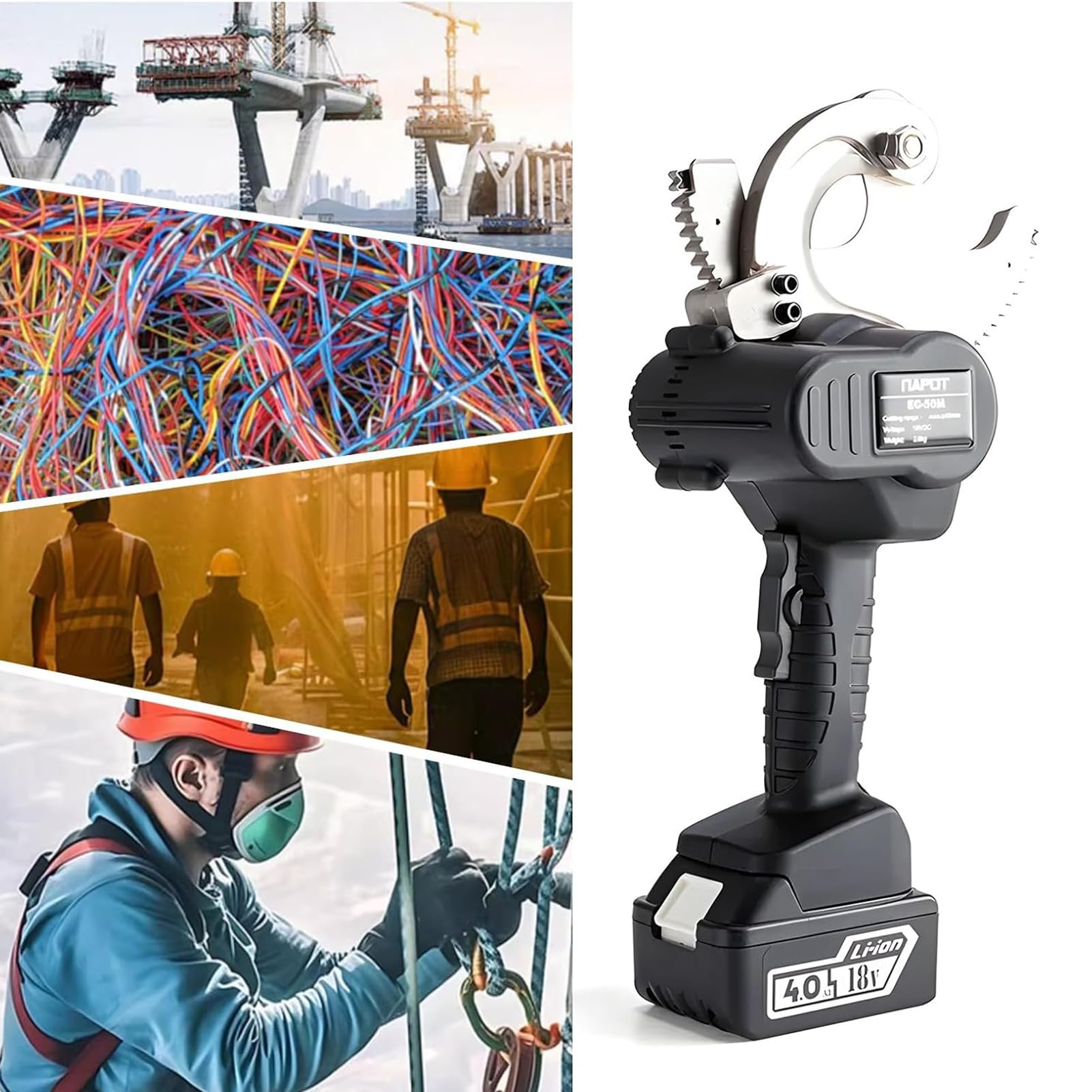 Elektryczny zapadkowy przecinak kablowy, profesjonalny hydrauliczny przecinak do kabli z grzechotką, 50 mm-95 mm narzędzie do cięcia drutu miedzianego, bateria 4,0 Ah, narzędzie budowlane