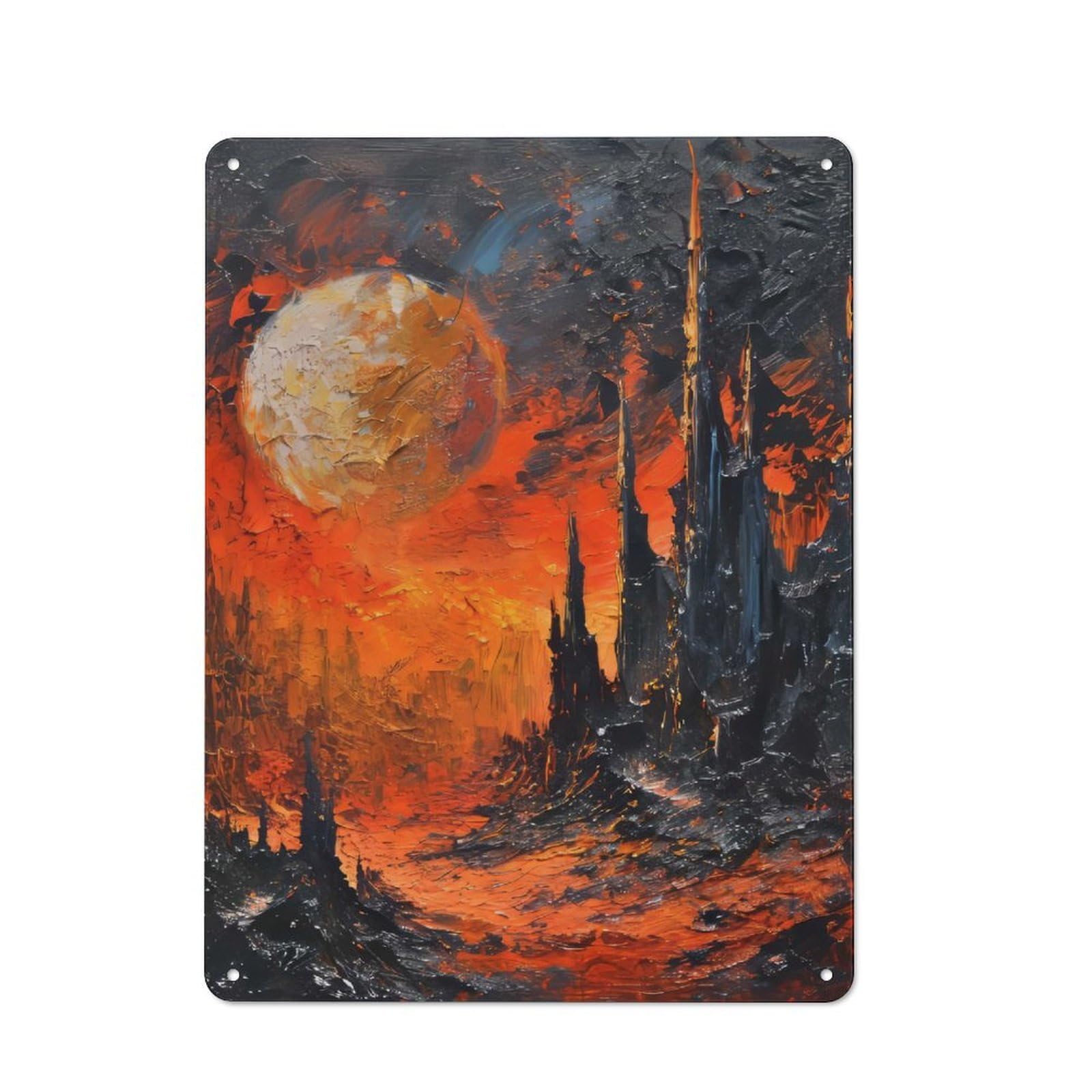 Junmoney Style-20 Tin Wall Plaque 40X30cm With Fiery Landscape With Dark Towers For Hobby Room Or Studio, For Themed Interiors In Hobby Rooms And Studios