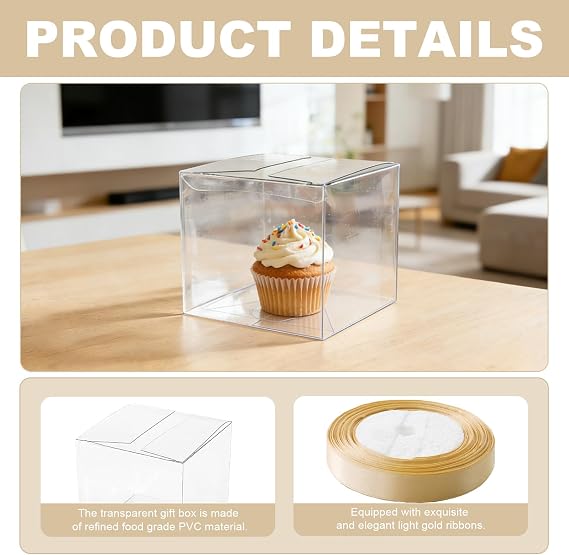 30PCS Clear Favor Boxes, Transparent PVC Cube Boxes, 8 * 8 * 8 cm Small Gift Boxes with Gold Gift Ribbon for Candy Chocolate Birthday, Wedding, Party Favors